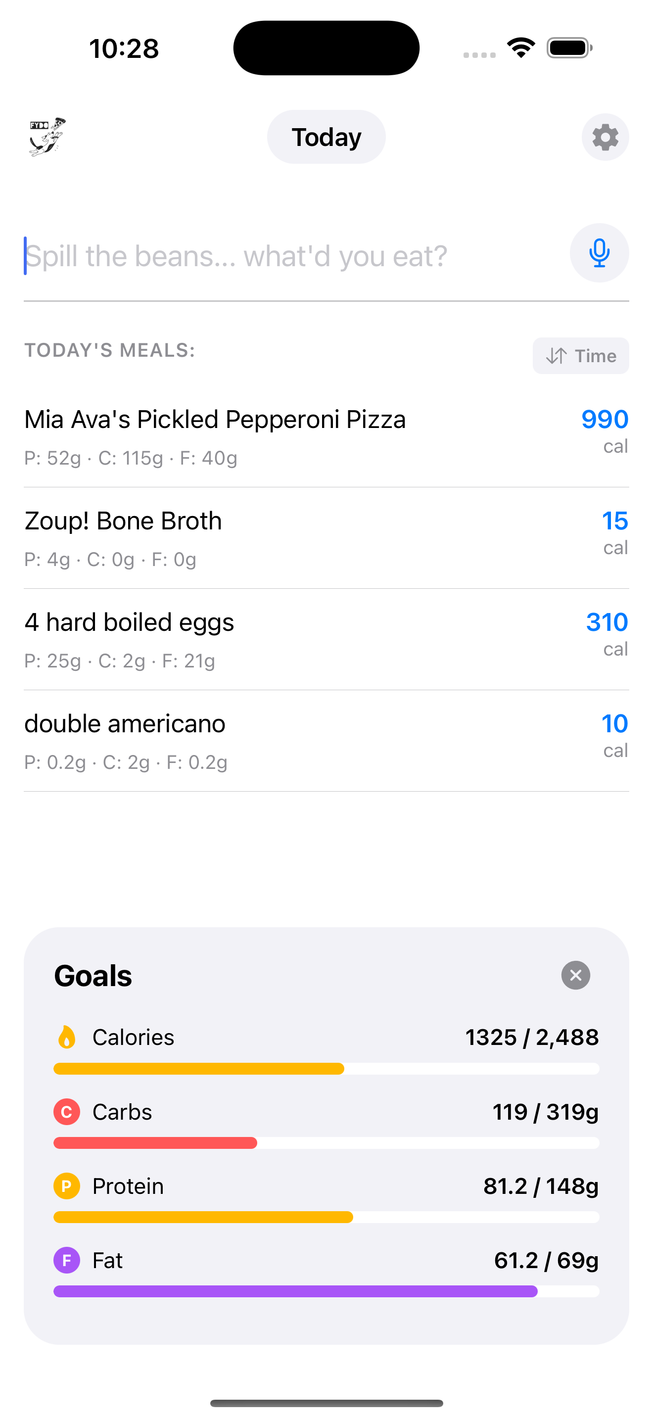 Fydo app showing daily meals and nutrition goals