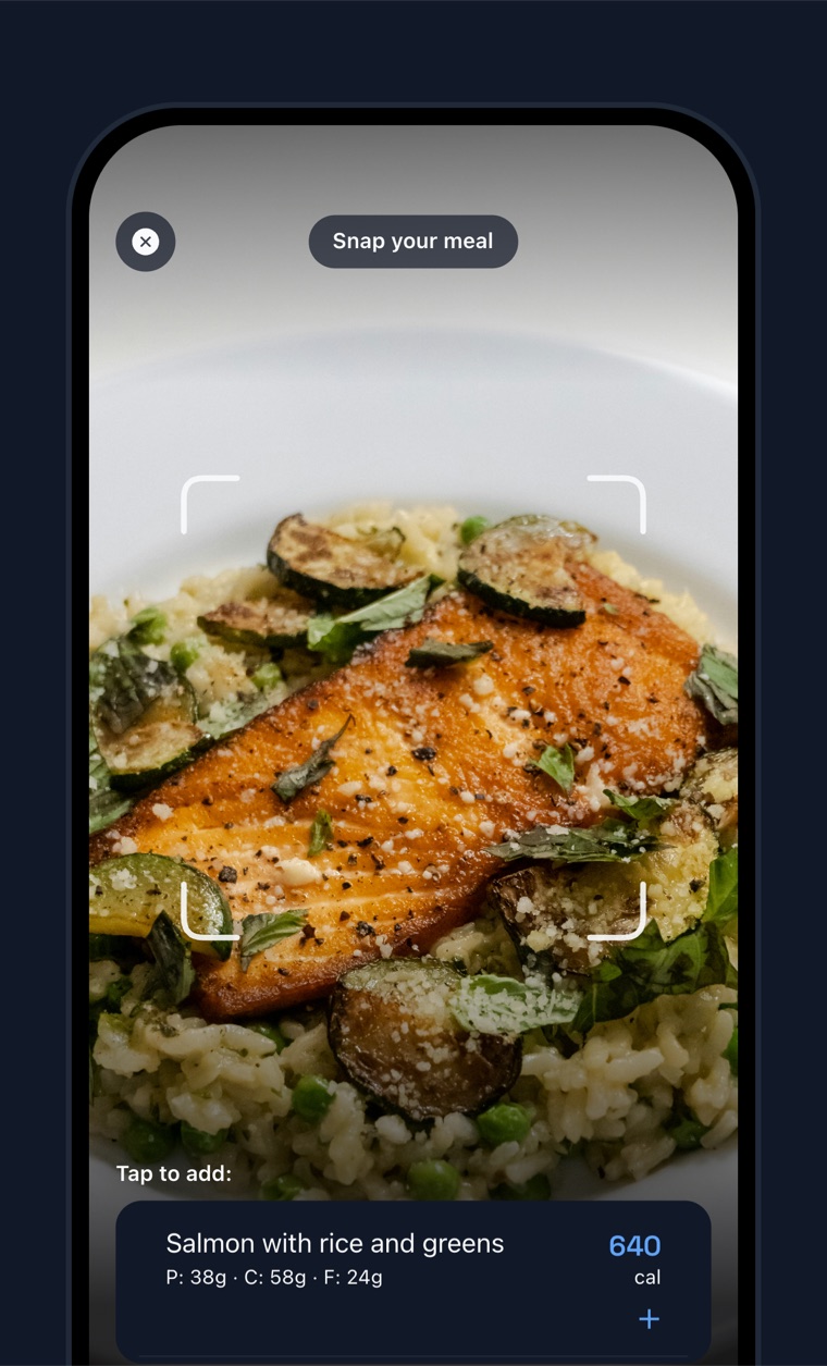 Photo logging in Gauge: the camera framing a plate of salmon, parsed to 640 calories with macros